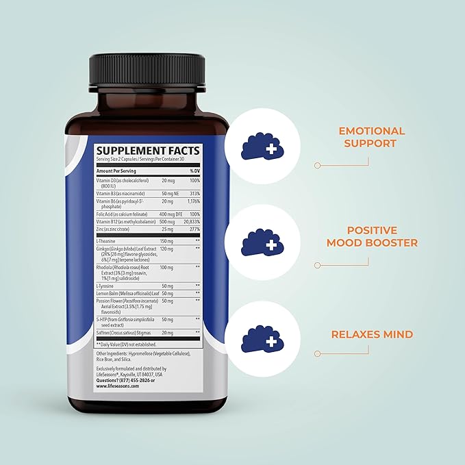 LifeSeasons - Mood Stabili-T - Positive Mood Booster - Enhanced Calmness and Happiness - Relaxed and Balanced Mind - Contains Rhodiola, Ginkgo Biloba, and Vitamin D3 - (60 Capsules)