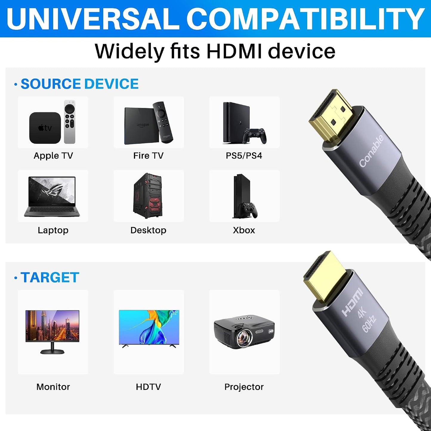 25 4K 4K@60Hz 2160p 1080p 2.2 3D 25 2 25FT Flat HDMI Cable Feet, HDMI High Speed Braided Cord, Pure Copper, Supports