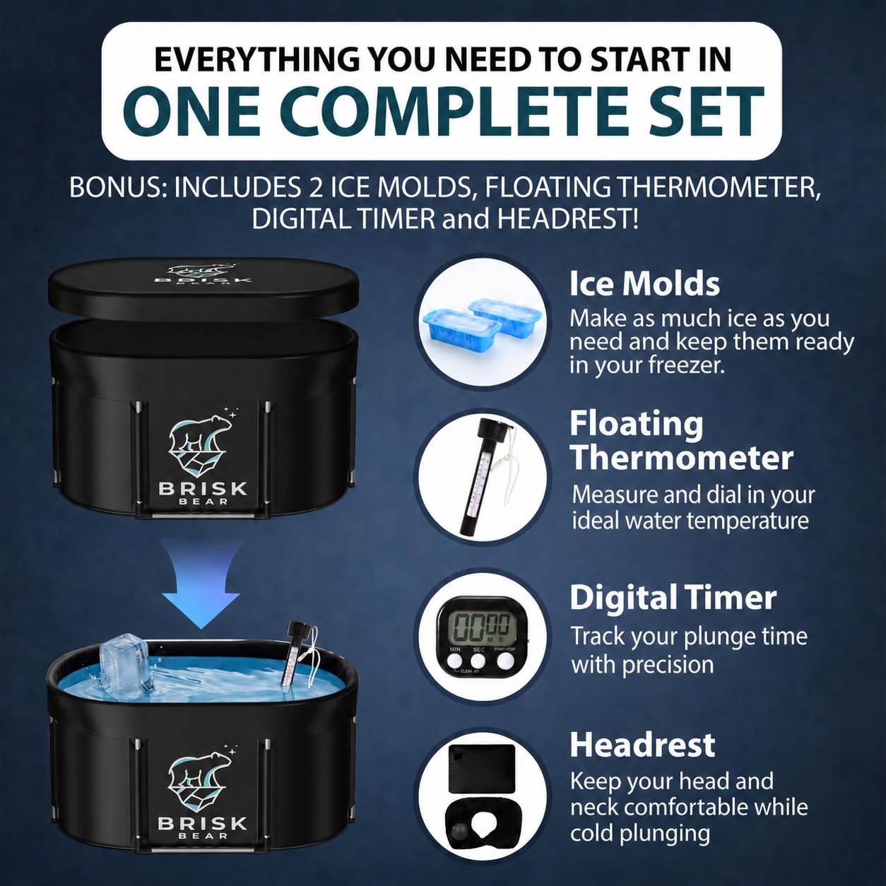 XL Oval Ice Bath Tub for Athletes with Cover by Brisk Bear - Extra Large Cold Plunge Tub for Recovery - Ice Tub with Digital Timer, Thermometer & Reusable Ice Molds - Cold Plunge to Soothe Muscles
