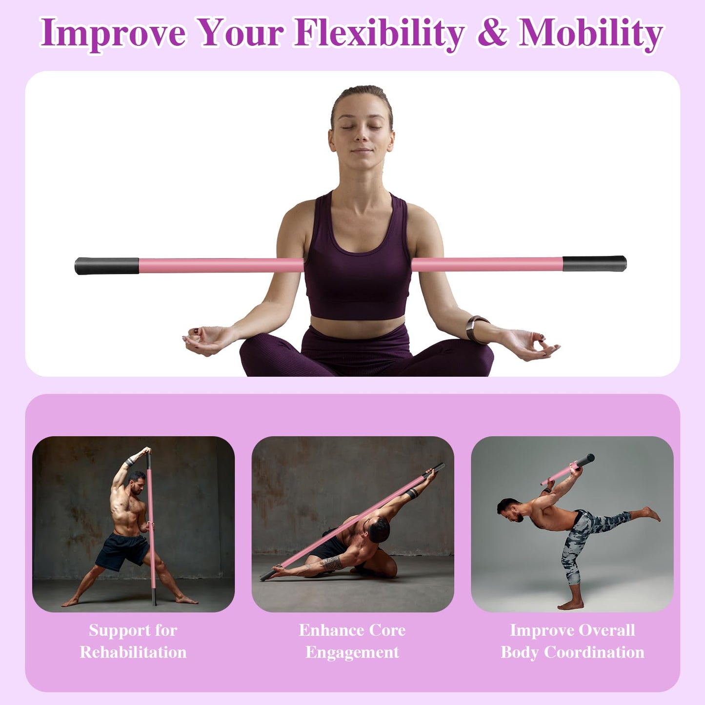 5ft Yoga Stick - Sturdy Steel Adjustable Stretching Stick for Mobility, Flexibility & Balance | Non-Slip Ends & Foam Handles | Exercise Pole for Fitness, Physical Therapy, Posture Correction Pink