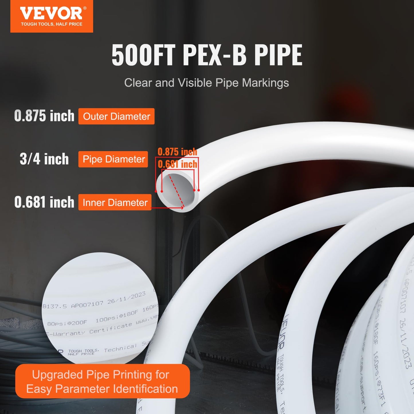 VEVOR PEX Pipe 3/4 Inch, 500 Feet Non-Oxygen Barrier PEX-B Flexible Pipe Tubing for Potable Water, for Hot/Cold Water & Easily Restore, Plumbing Applications with Free Cutter & Clamps,White