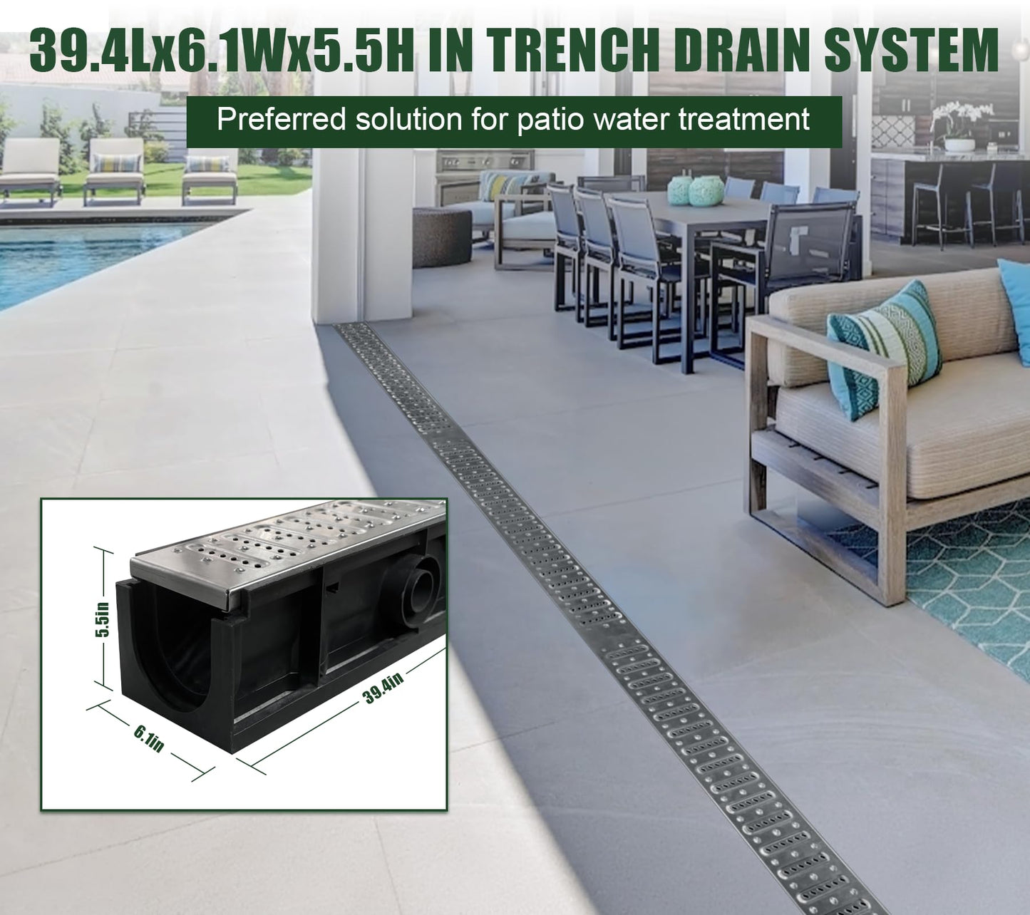 Natotela Channel Drain with 304 Stainless Steel Grate-39.4Lx6.1Wx5.5H in. Deep Profile Trench Drain System for Landscaping,3 Pack Total Length 118.2in,A15 Drainage System for Patio Commercial