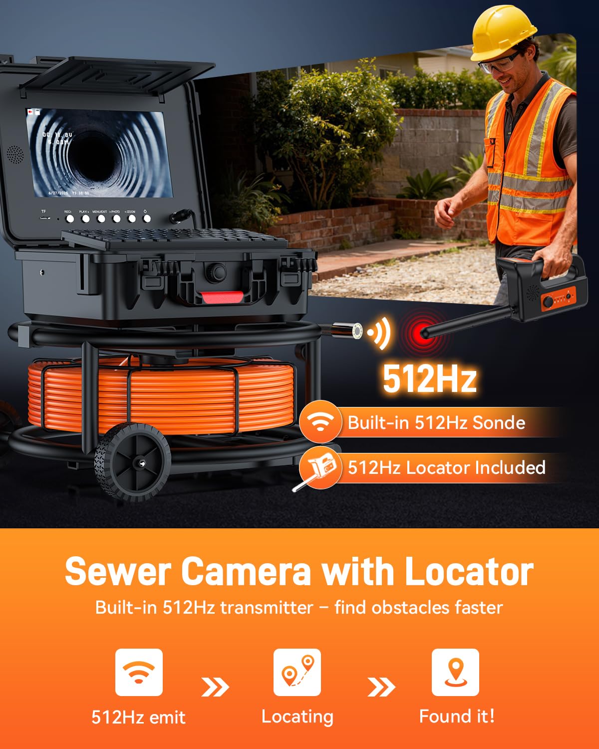 Hialemi 10" Sewer Camera with Locator & Wheels, Self Leveling Plumbing Camera & Distance Counter & 5X Zoom - 145° Pipe Inspection Camera with Lights, 1080P IPS Screen & DVR 32GB(7MM-200Ft/60M)