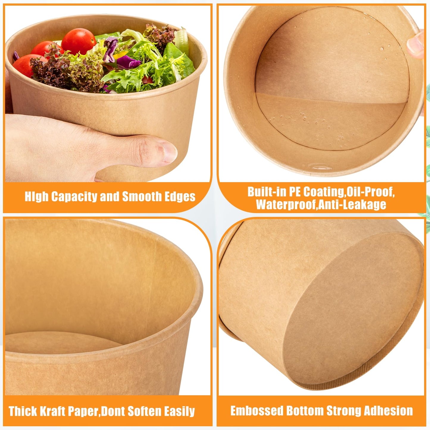 Enjamyo 30 Oz Large Paper Bowls,80Pcs Disposable Soup Bowls Bulk,Kraft Paper Salad Bowl without Lids,Disposable Serving Bowl for Soup,Hot/Cold Food,Salad,Ice cream,Dessert