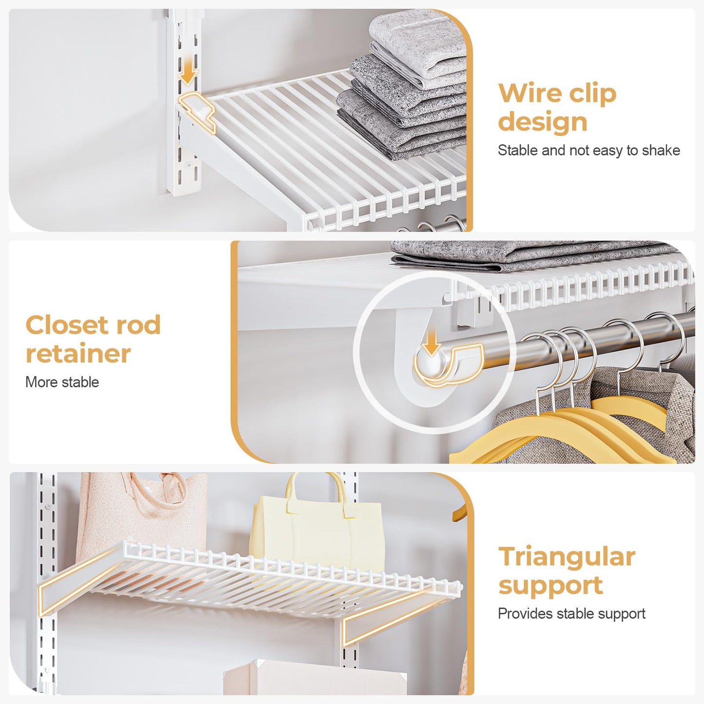 Vilaxing Wire Closet Organizer System, Wall Mounted 8.7 Ft. Custom Closet Kit for Bedrooms Laundry Mudroom Garage Basement, Adjustable Storage Shelves for Clothes Shoes Handbags