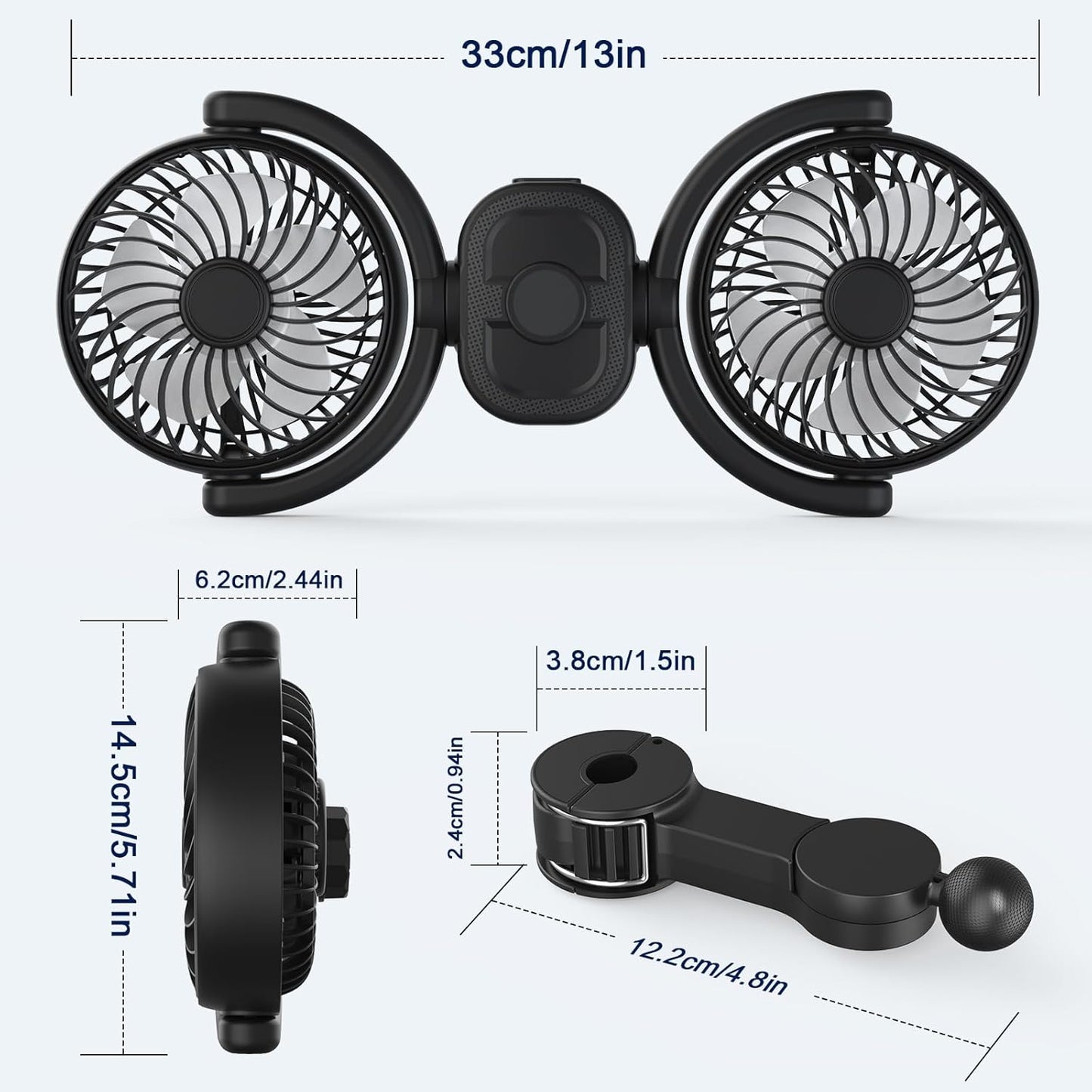 360 3-Speed 5V 2A Hayousui Rechargeable Dual-Head Fan for Car: USB Cooling Backseat Fans for Baby with Rotatable