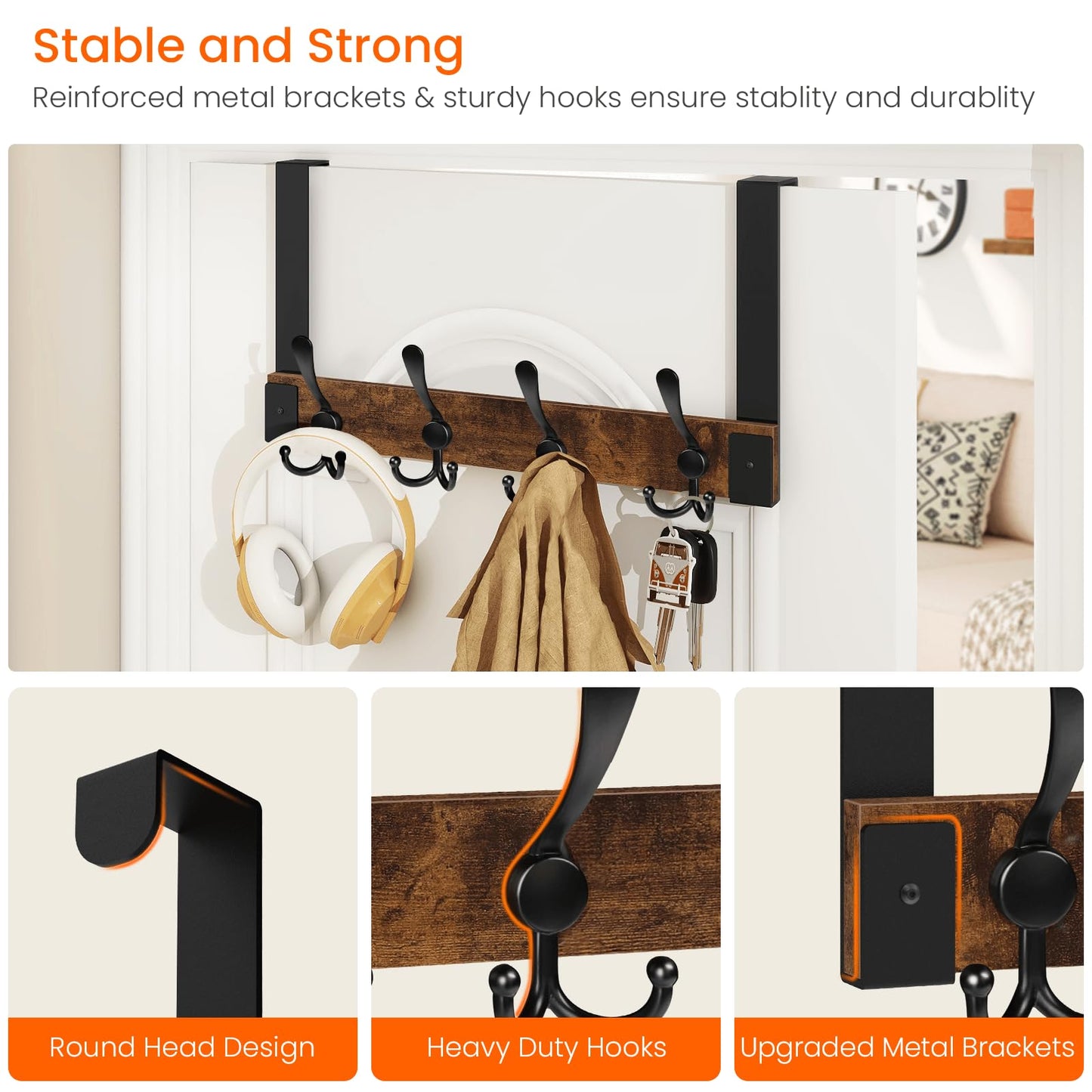 Homode Over The Door Hooks for Hanging, Heavy Duty Wood Over Door Hanger Hook, Over The Door Towel Coat Rack for Bathroom, Back of Door Hooks for Hanging Towels, Clothes, Hats, Rustic Brown Black