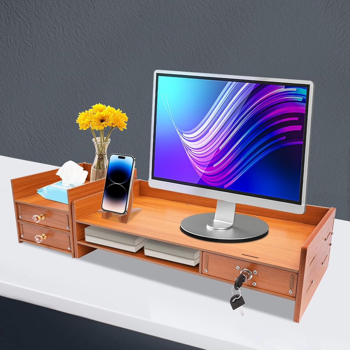 QUSKLISU (01) Computer Monitor Stand, Computer Rack with Drawers, Two top Platforms Desk Organizer Monitor Stand