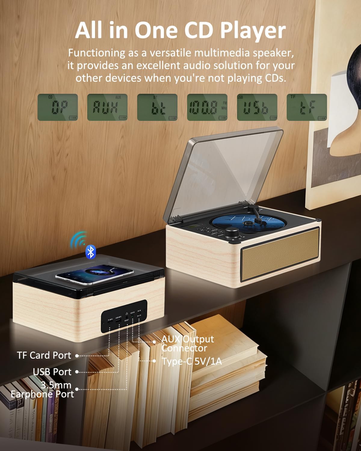 Gelielim Retro CD Player Boombox, Desktop CD Player with Bluetooth in/Out, Rechargeable Battery, HiFi Speakers, Wooden