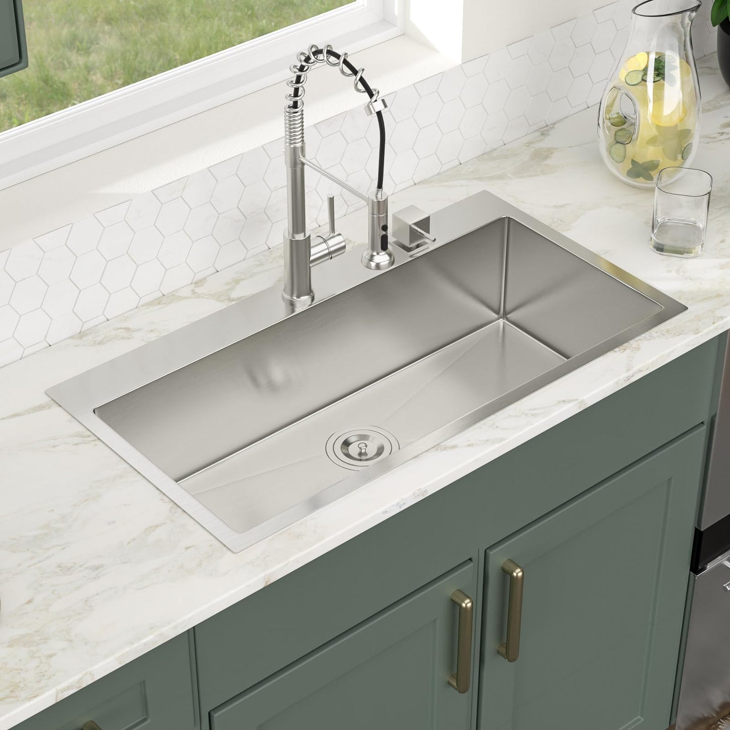 Logmey 36 Inch Drop In Kitchen Sink 36x19 Large Handmade Stainless Steel Sinks 16 Gauge Round Corner Topmount Single Bowl Kitchen Sinks 36x19x9 Inche