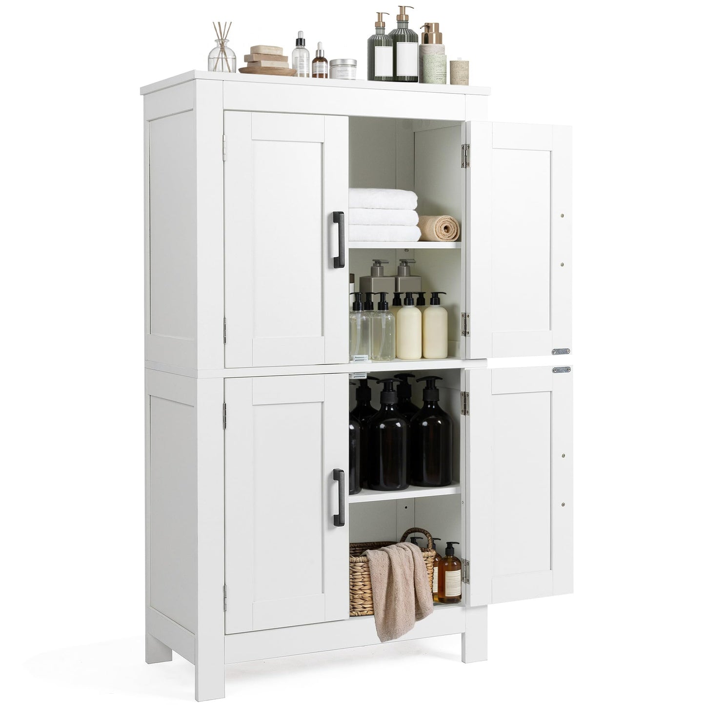 VUSIGN Wooden Bathroom Storage Cabinet, Floor Organizer with 4 Doors and Adjustable Shelves, Freestanding Storage Cabinet for Kitchen Living Room, Dining Room, Entryway, White