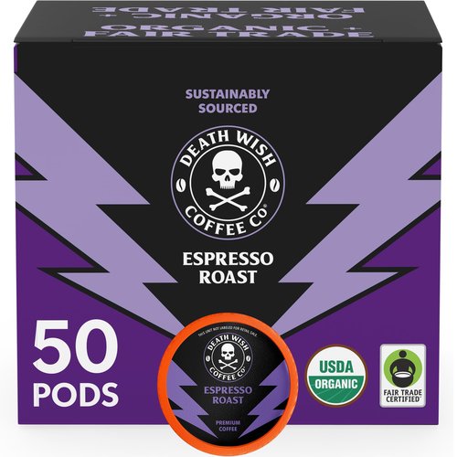 Death Wish Coffee, Espresso Roast Single Serve Coffee Pods - Fair Trade and Organic (50 Count)