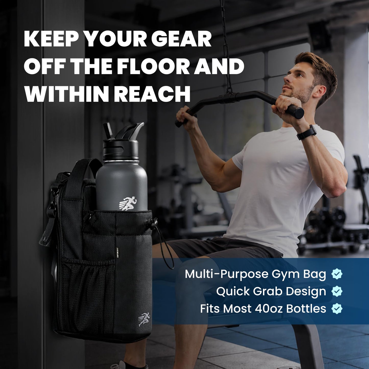 EMPOWERFIT Magnetic Gym Water Bottle Bag with 40oz Bottle – Magnetic Water Bottle Holder with Strap, Crossbody Bag, Phone Pocket, Waterproof Gym Accessories