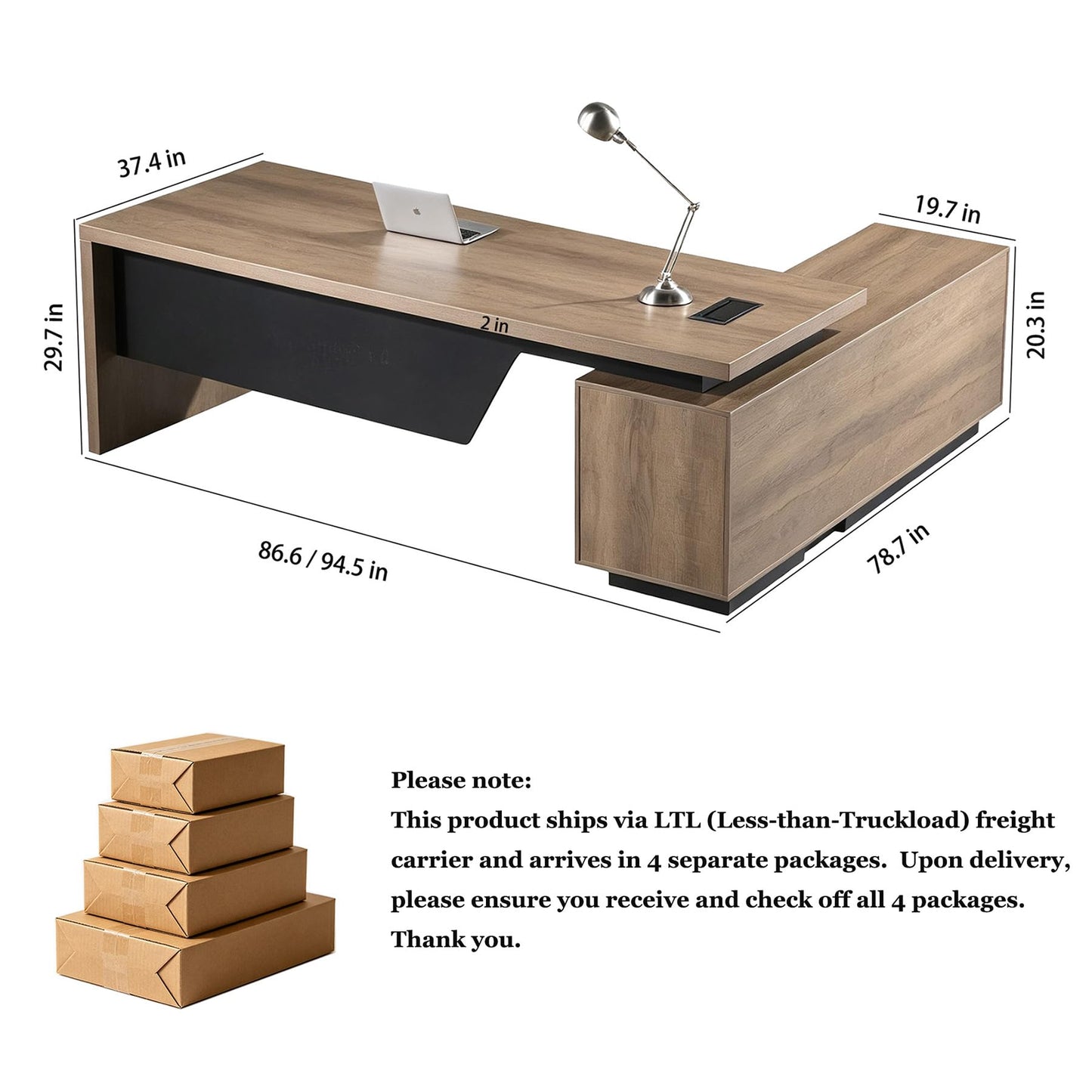 ONNAHOMEStlyle L Shaped Desk with File Drawer, Solid Wood Large Executive Desk for Home Office, Adjustable Width (86.6" to 94.5"), Storage Cabinet & 2 Drawers, Left Return