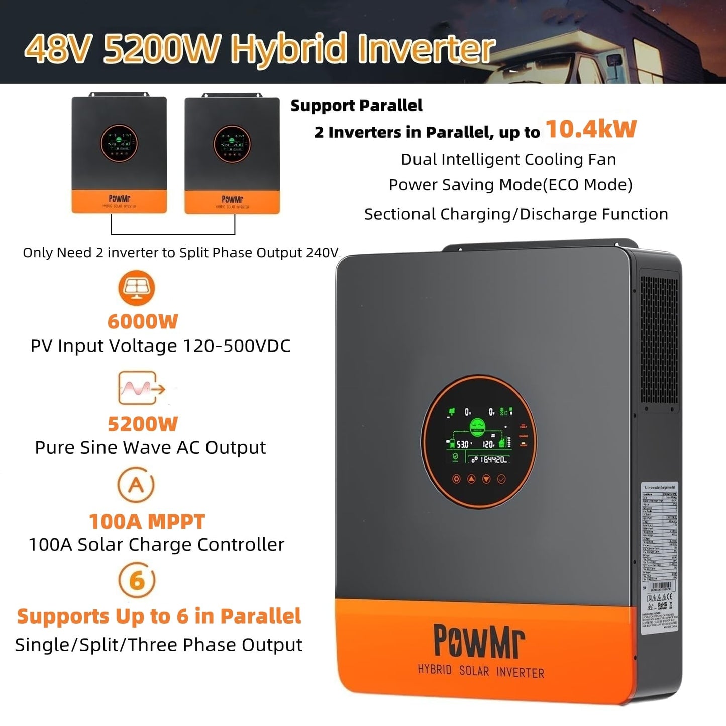 PowMr 5200W Hybrid Solar Inverter, 48V DC to 110V/120V AC, Split Phase Inverter with 100A MPPT Controller, Max PV Input 6KW, 500VDC, Supports Up to 6 in Parallel, for Lead Acid Lithium Battery