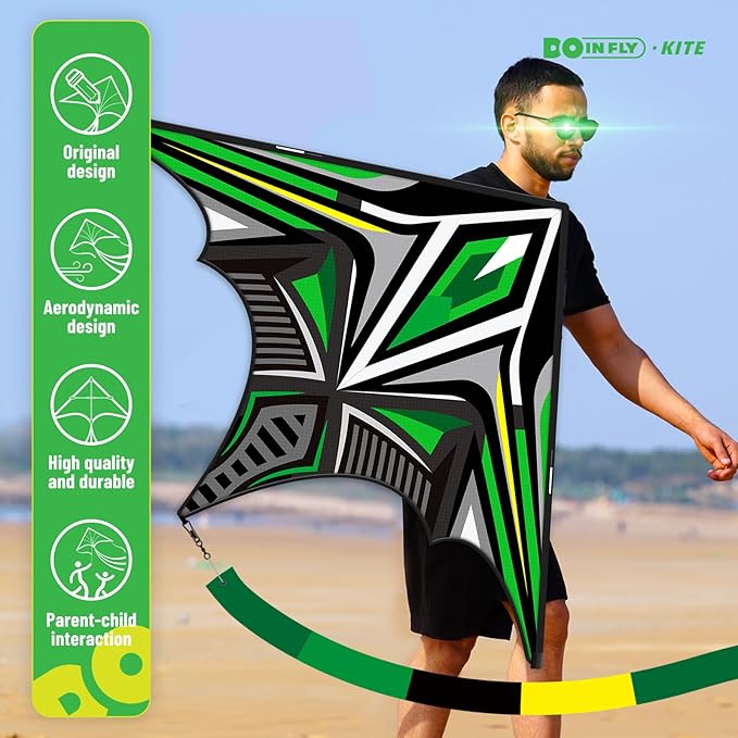 Delta Mecha Kite - for Kids & Adults, Easy to Fly, 36 x 55 Inches, Beginner Kites for Beach Days & Park Fun and Family Outdoor Activities, Cool Kites with Kite String Spool（Green）