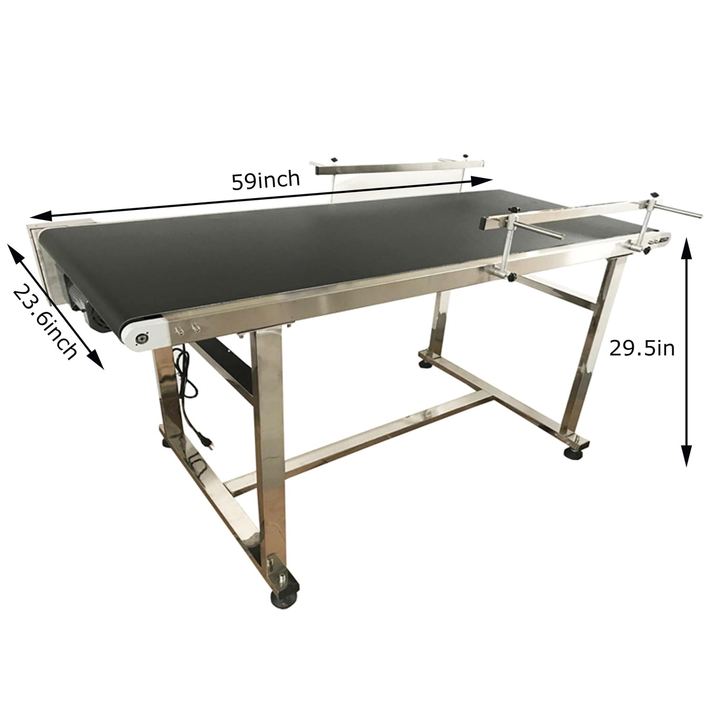 BREVELTION PVC Flat Belt Conveyor Stainless Steel Industrial Transport Conveyor Adjustable Speed Conveyor with Double Guardrails Conveyor Length 59inch Width 23.6inch Load 44LBS 250W