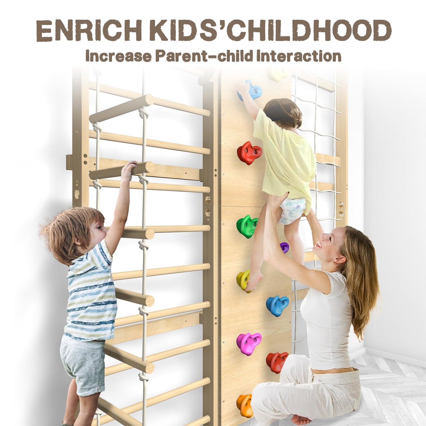 Upgraded Extra-Large Size 94.5inch Height 10-in-1 Swedish Ladder Gym Set, Home Playground with Swing, Rope Ladder, Pull-Up Bar, Slide and Rock Climbing Wall for Kids and Adults
