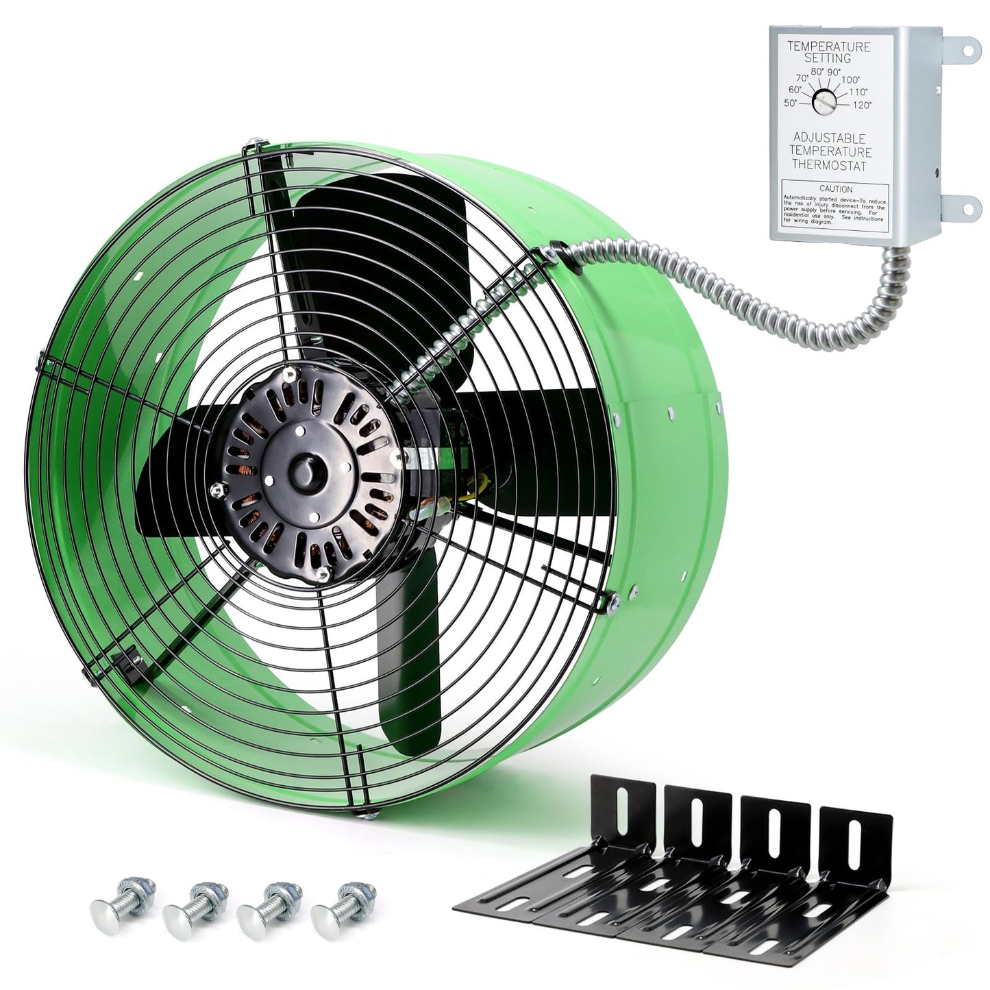 Vent Attic Fan with Adjustable Thermostat, 15" Gable Mount Ventilation Exhaust Fan 1650 CFM, 1075 RPM, 2500 SQ. FT. Attic Ventilator Green for Gable, Shed, Home