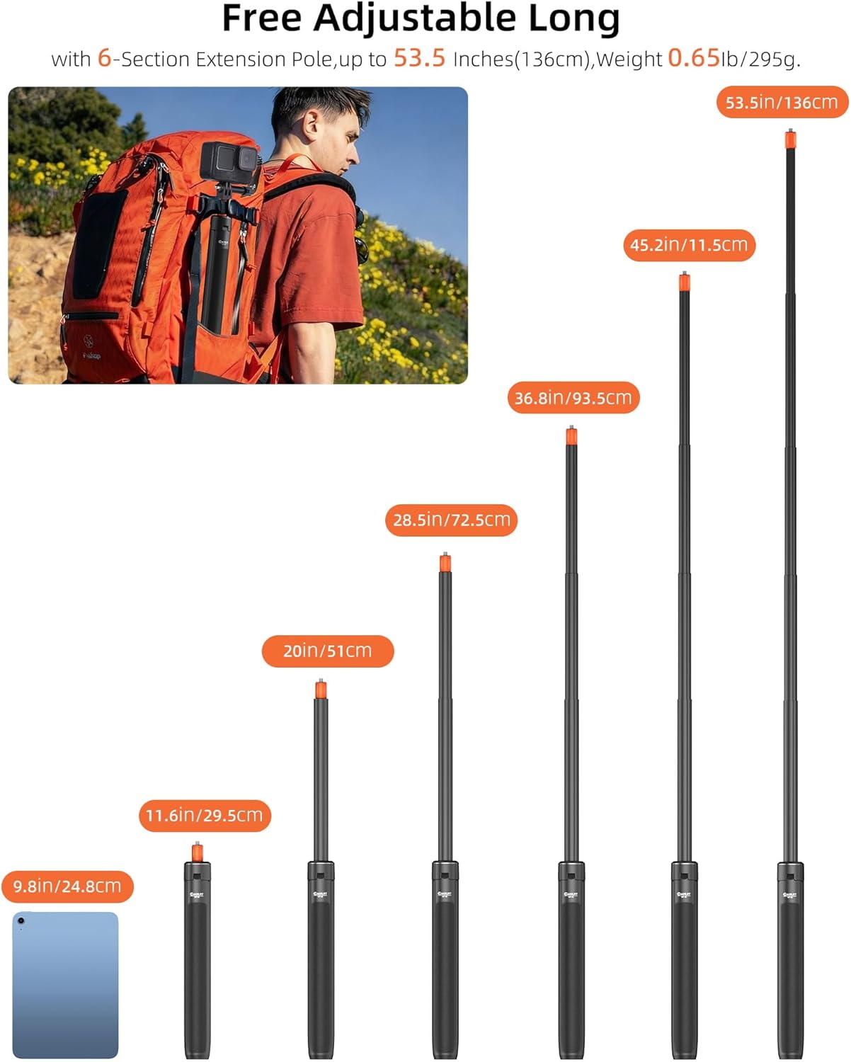 Cakrurt 53.5" Insta360 X5/X4/X3/GO 3s, 360/Pocket 3, Sphra360, 2-in-1 Extendable Selfie Stick Tripod for DJI Osmo Xtra
