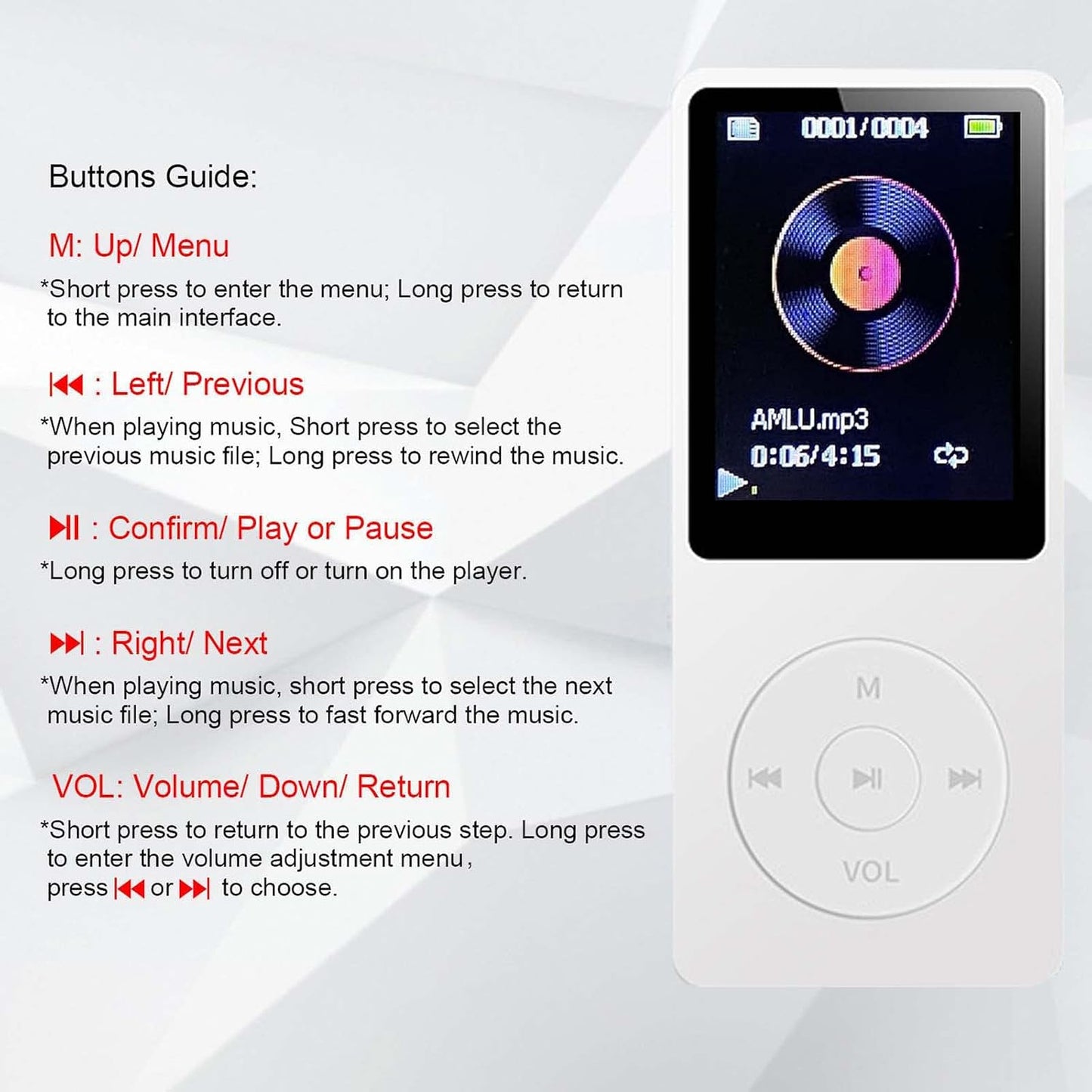 arungo MP3 32GB 1.8 inch 128GB Player with Speaker Earphone Portable Mini White Music Player Support Voice Recorder