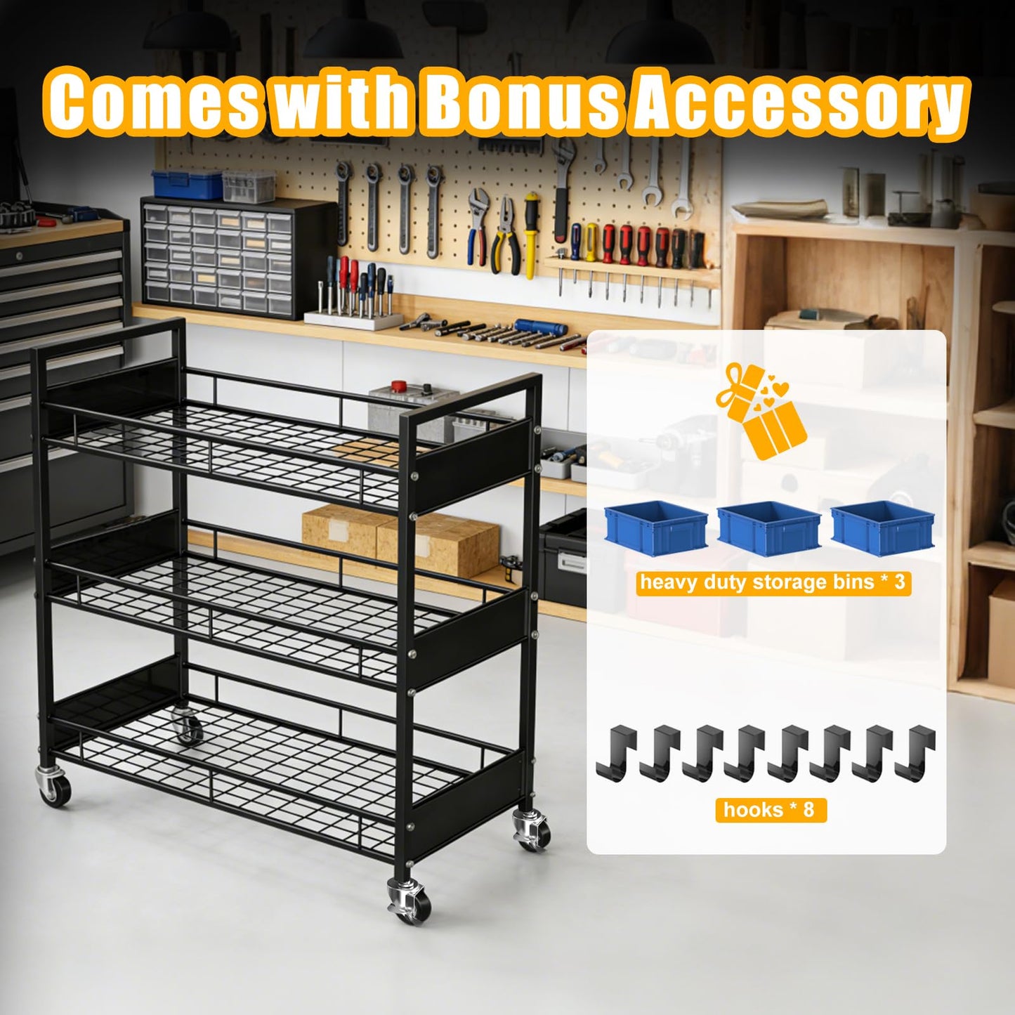 Heavy-Duty 3-Tier Metal Utility Cart with Locking Casters – 330 LBS Load Capacity Rolling Storage Organizer, Quiet Wheels, Free Plastic Bins & Hooks for Home, Garage, Workshop, Hotel, Kitchen