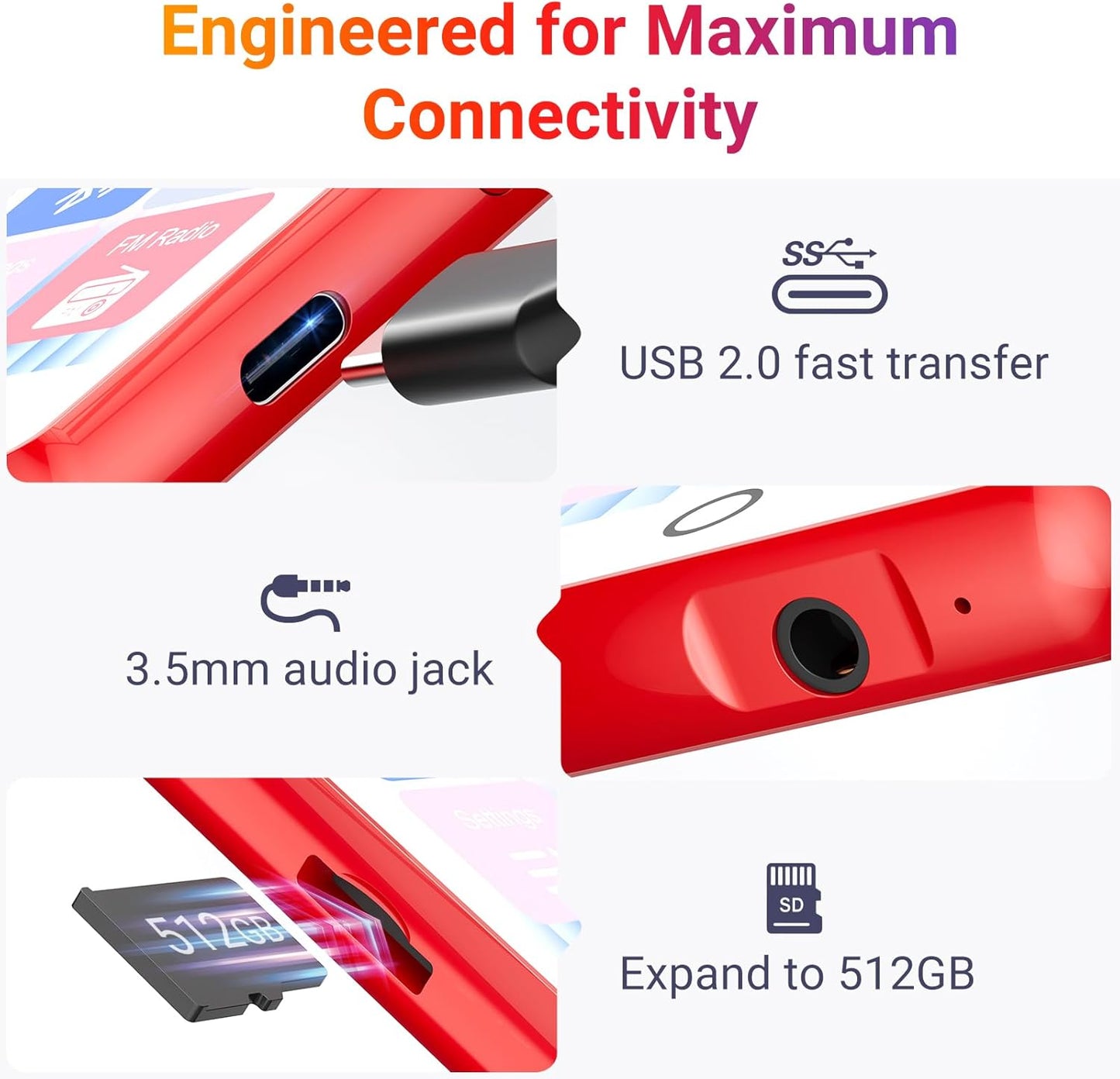 MECHEN 128GB MP3 5.3 2.4" 512GB Player Bluetooth with Full Touch Screen Portable Digital Music Player with HD SpeakerFM