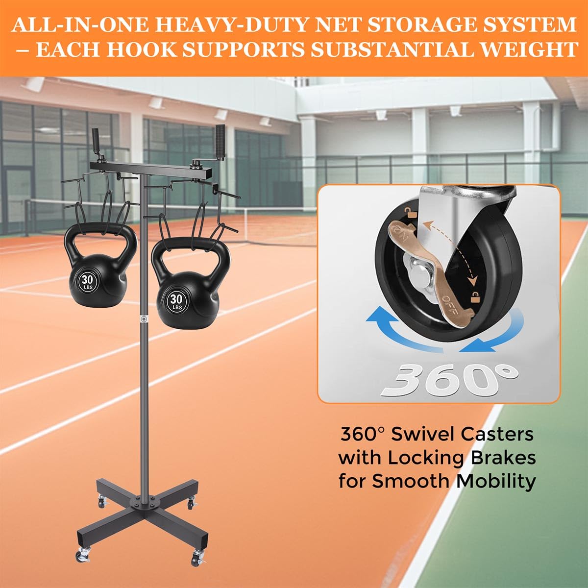 Ecliptica Heavy Duty Movable Volleyball Net Storage Rack with Lockable Wheels - Holds 2 Standard Nets, Durable Volleyball Equipment Storage Net Rack for Gym, School, or Training Minimal Floor Space
