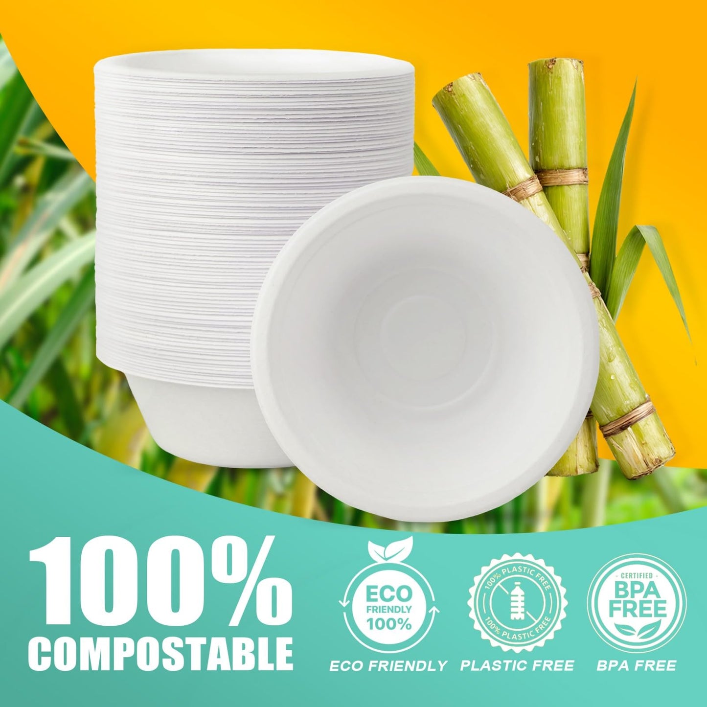 JINVOGREEN 200 Count 12 oz Paper Bowls, Disposable Compostable Bowls Bulk, Heavy Duty Biodegradable Bagasse Bowl for Snacks, Soup, and Salads, White