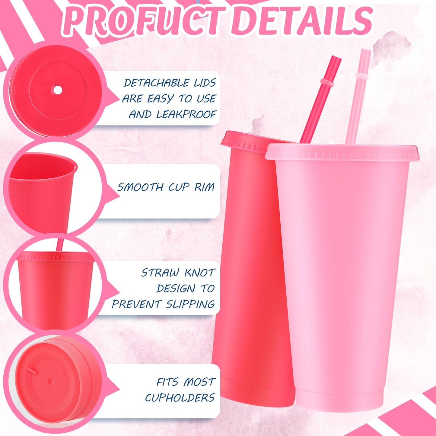 Skylety 24 Pcs Hot Pink Plastic Cups with Lids and Straws 24 oz Hot Pink Reusable Tumbler Party Supplies for Drinks Cups Bulk for Wedding Bridal Baby Shower Birthday