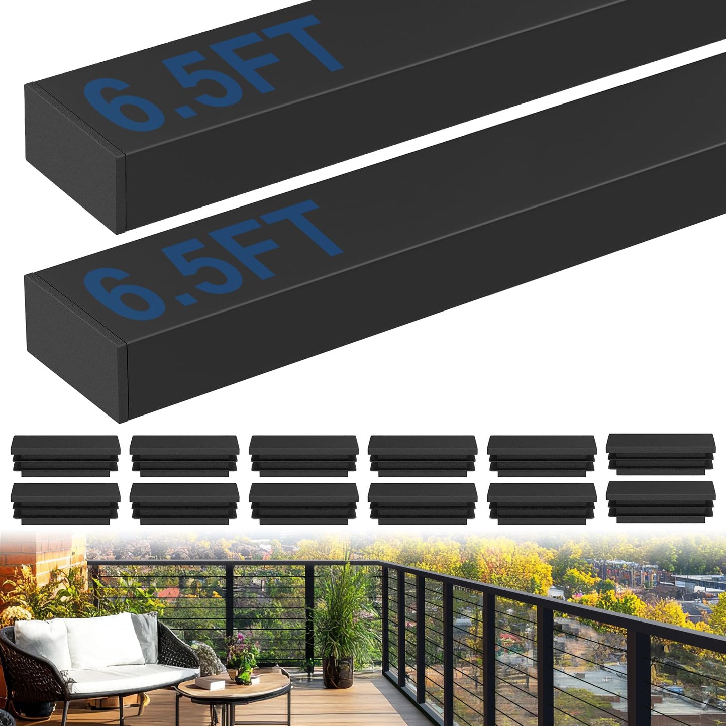 RailinGo 2Pack 6'6'' Rectangular Cable Railing Handrails, Black Stainless Steel Handrail with Nylon End Caps for Stair Cable Railing System, 6.5FT Cuttable Deck Cable Rail Post Handrail, RG01-H