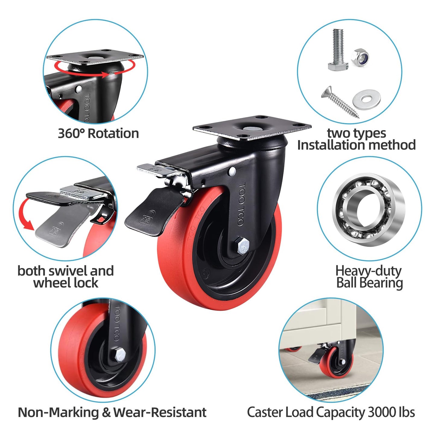 Casters Set of 4 Heavy Duty 5 Inch Caster Wheels with Brake 3000Lbs Capacity Silent Swivel TPR Rubber Wheel Locking Industrial Plate Castors Perfect for Carts, Furniture and Workbenches
