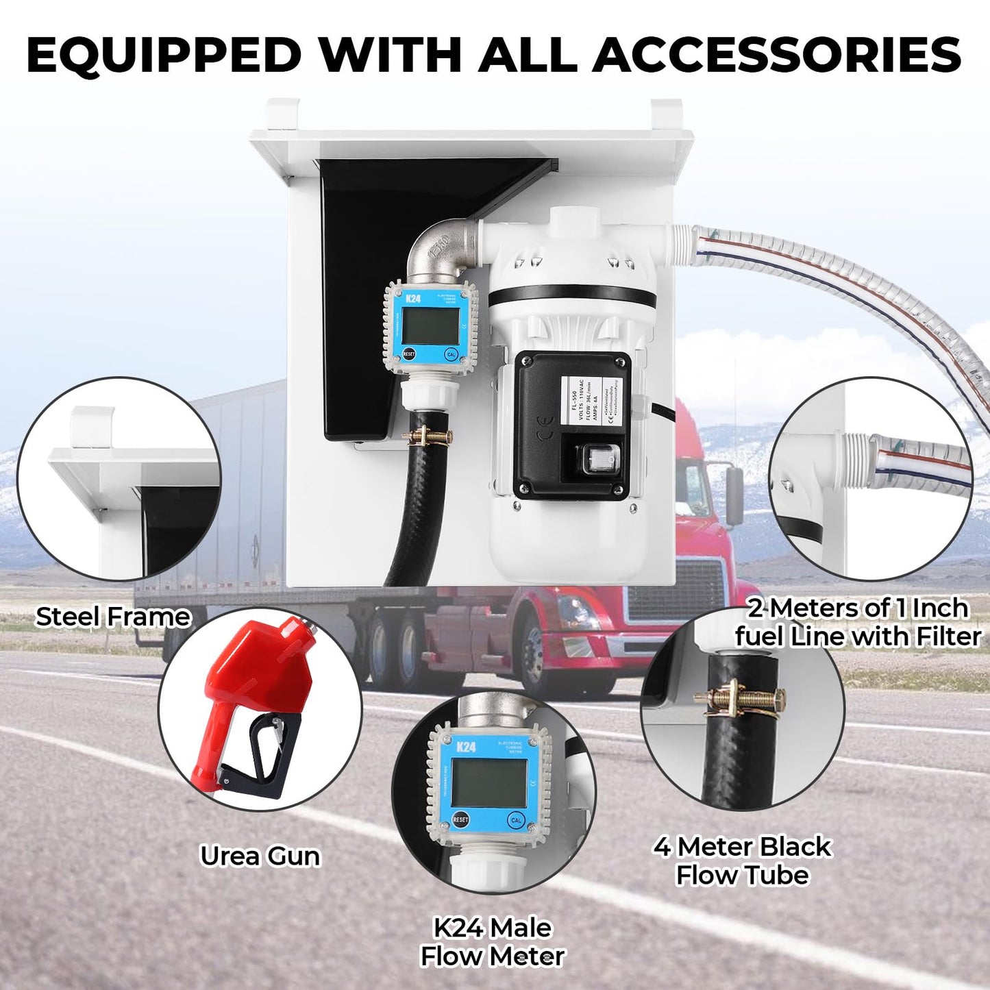 Upgraded DEF Pump Kit| Diesel & DEF Transfer Pump Kit| All-in-1 Solution| 110VAC 550W 10GPM/40LPM| Urea Gun| Steel Shelf| K24 External Thread Flowmeter| 3/4“ Flowline x 13 ft| 1” Oil Pipe x 6.5ft