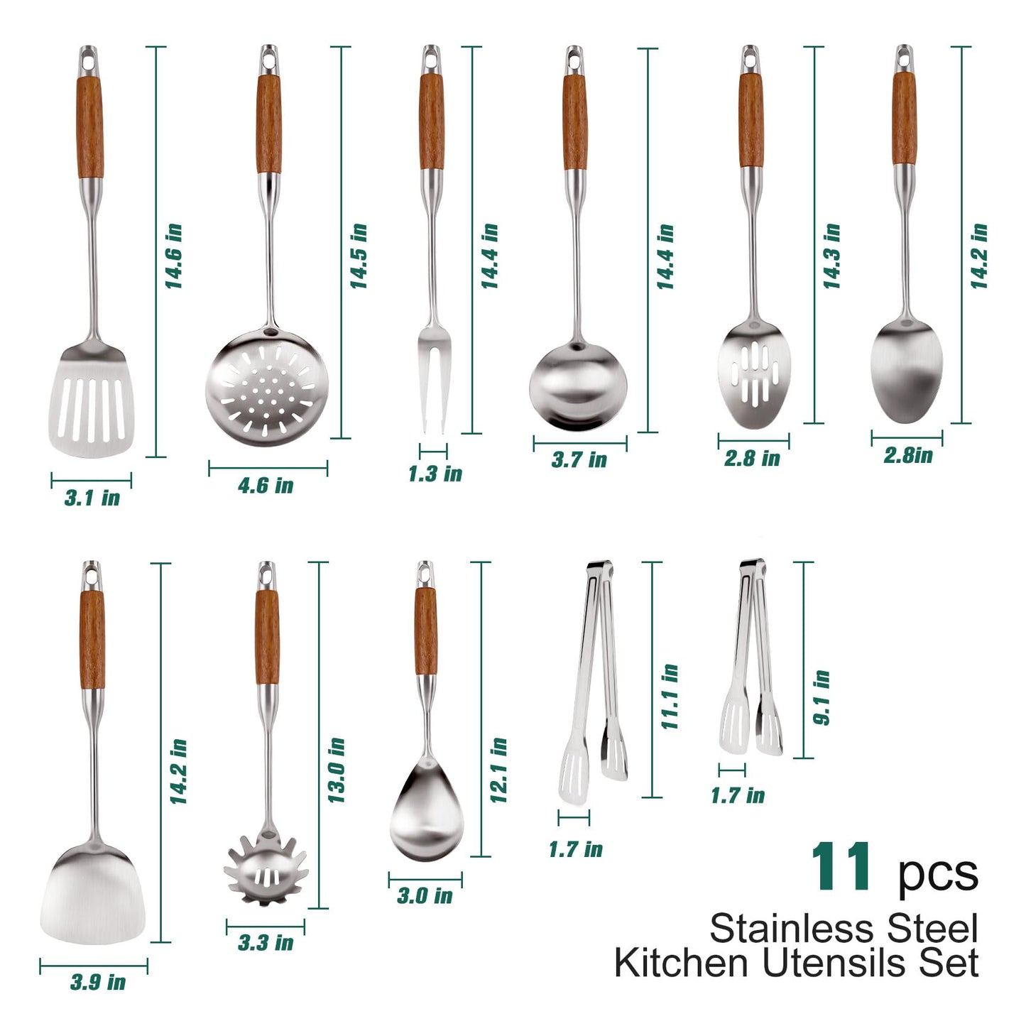 304 Stainless Steel Kitchen Utensils Set with Wooden Handle, 11 Pcs Long Heat Resistant Metal Cooking Utensils Set, Stainless Steel Cooking Utensils Set with Spatula, Turner, Solid and Slotted Spoon