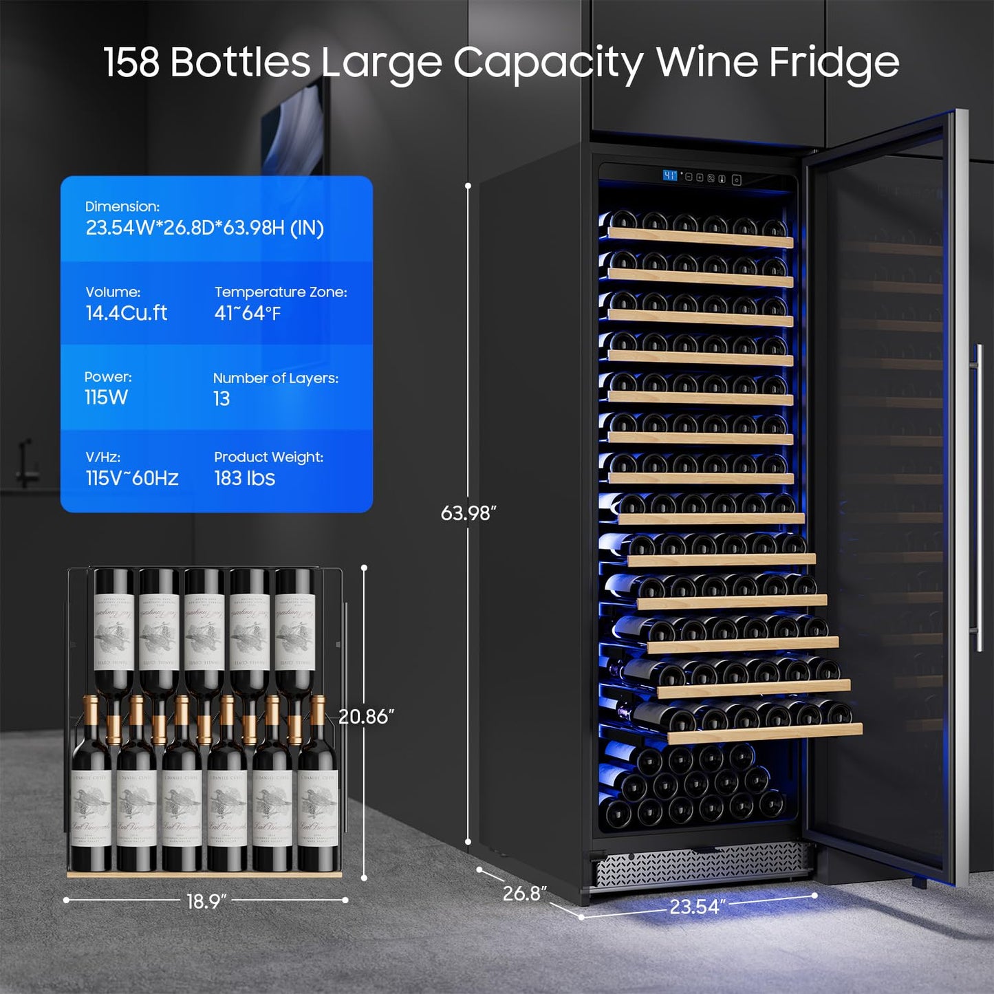 Vushine 24 Inch Wine Cooler, Wine fridge Freestanding or Built-In with Door Lock, Suitable for Mixed 158 Bottles Sizes, Low Noise Operation (14.4cu.ft)