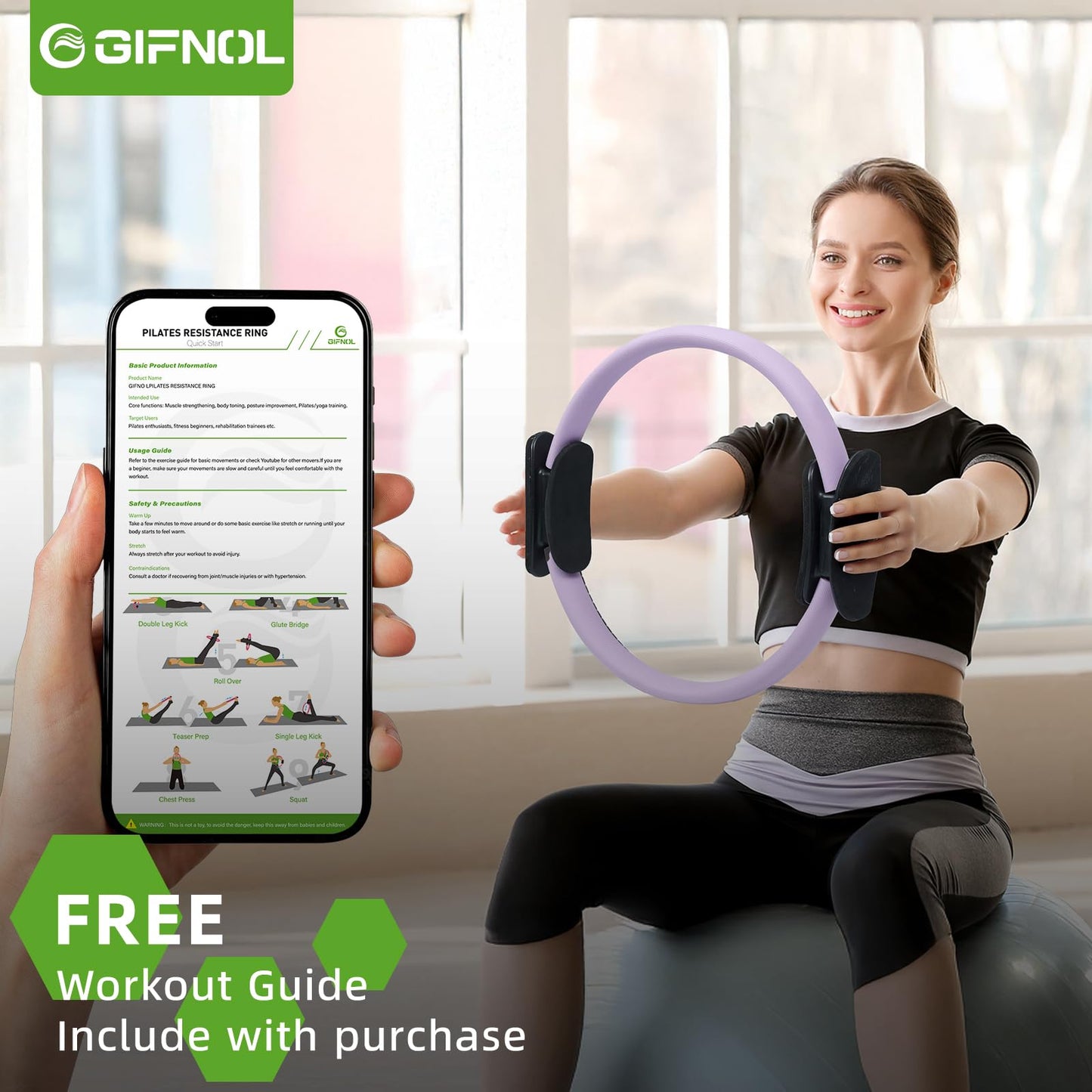 GIFNOL Pilates Ring and Ball Set with Resistance Bands - Pilates Equipment for Home Workout - 14'' & 12'' Pilates Rings, 2 Pilates Balls, 5 Resistance Bands for Toning Arms, Thighs/Legs & Core