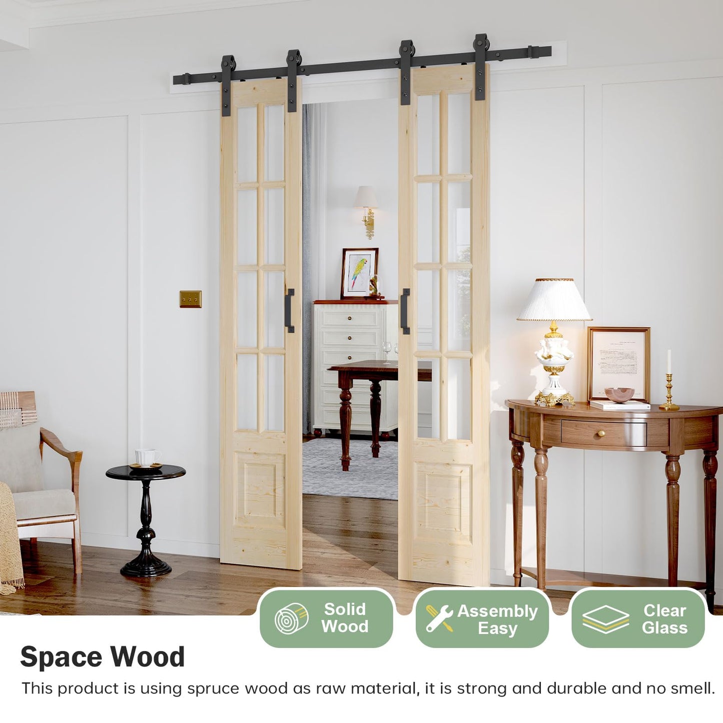 Roymelo Preassembled 30x84 (Double 15x84) Inch Clear Glass French Interior Door with 5.5Ft Barn Door Hardware Kit Included, Spruce Wood Support DIY Dyeing, Easy Assembly，Save time