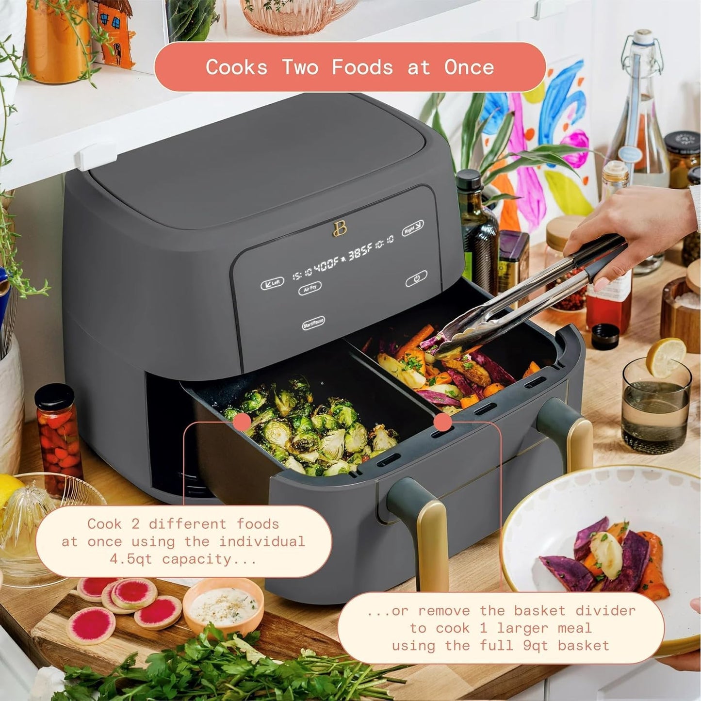 Trizone 9-Quart Dual Zone Air Fryer Exclusive with Divider & Crisper Trays, Digital Touchscreen for 2-in-1 Cooking By Drew Barrymoree (Grey)
