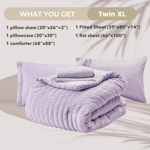 HYMOKEGE Twin XL Comforter Set - Luxury Seersucker 5-Piece Bedding Set in Lavender for All Seasons