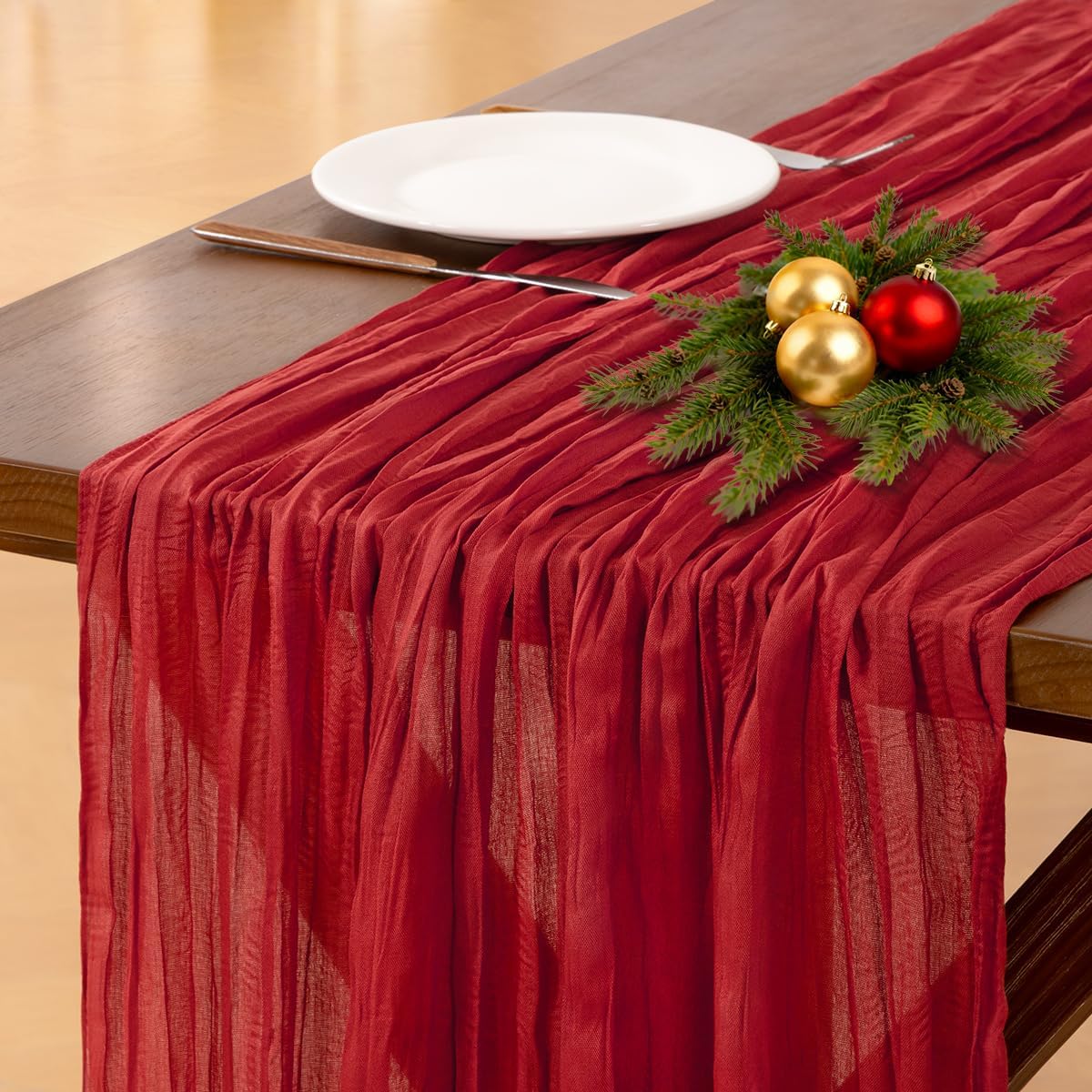 Socomi Red Cheesecloth Table Runner - 120 Inch Boho Rustic Decor for Weddings & Events