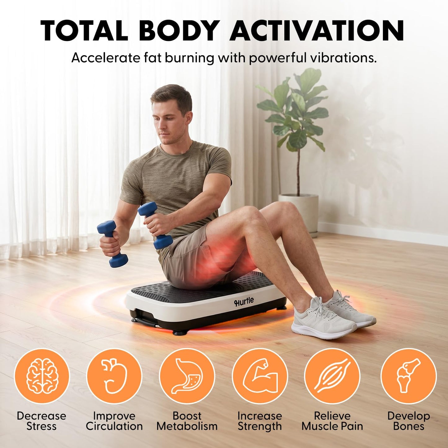 Hurtle Vibration Plate Exercise Machine, Portable Vibration Plate with Handles and 1-99 Speed Levels, 10 Preset Programs, Quiet Low-Impact Home Fitness Platform with Remote Control, White