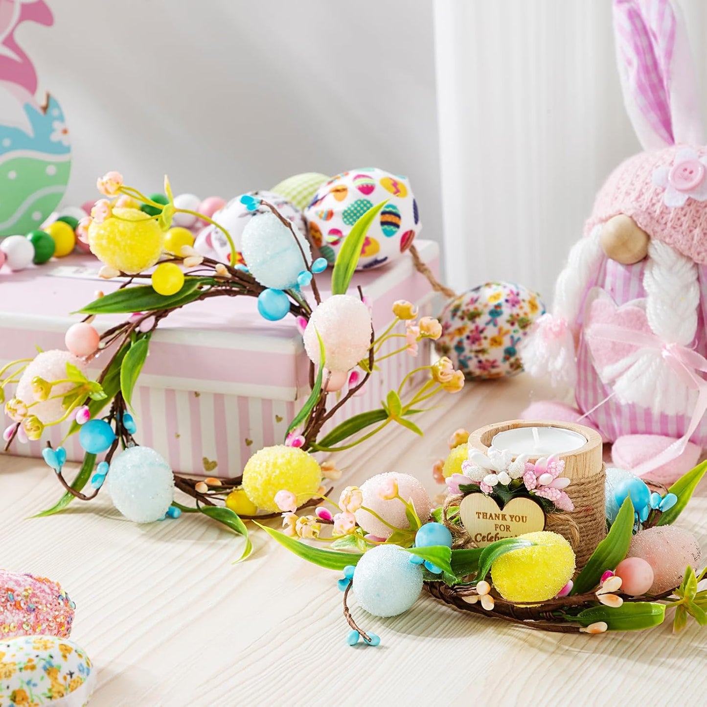 XunYee Easter Egg Candle Rings - 4 Pcs Mini Pastel Berry Floral Candleholders for Spring Decor | Farmhouse Centerpiece