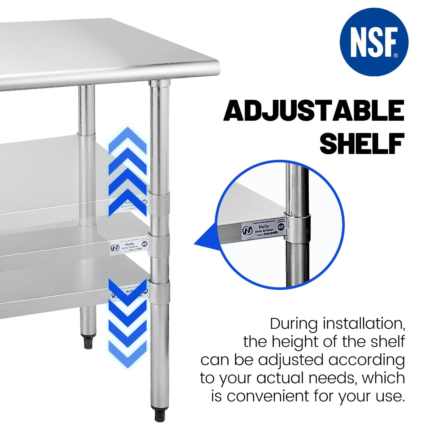 Hally Stainless Steel Table for Prep & Work 30 x 60 Inches, NSF Commercial Heavy Duty Table with Undershelf and Galvanized Legs for Restaurant, Home and Hotel