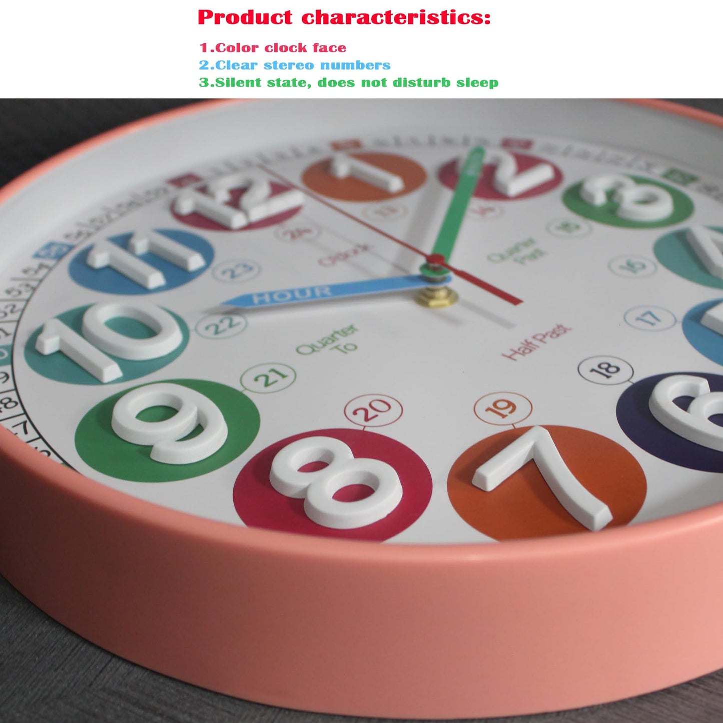 SYOYUEX Learning Time Clock for Kids, 12 Inch 3D Peach Pink Classic Silent Wall Clock, Bedroom, Kitchen, Classroom, Decor at School, Clear Digital Clock for Kids Room