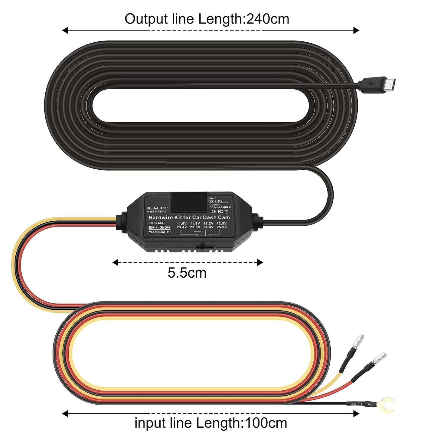 12V-24V 5V 3A 11.5ft MEIRIYFA Dash Cam Acc Hardwire Kit Micro USB Hard Wire Kit Fuse to DC Dashboard Car Camera Charger