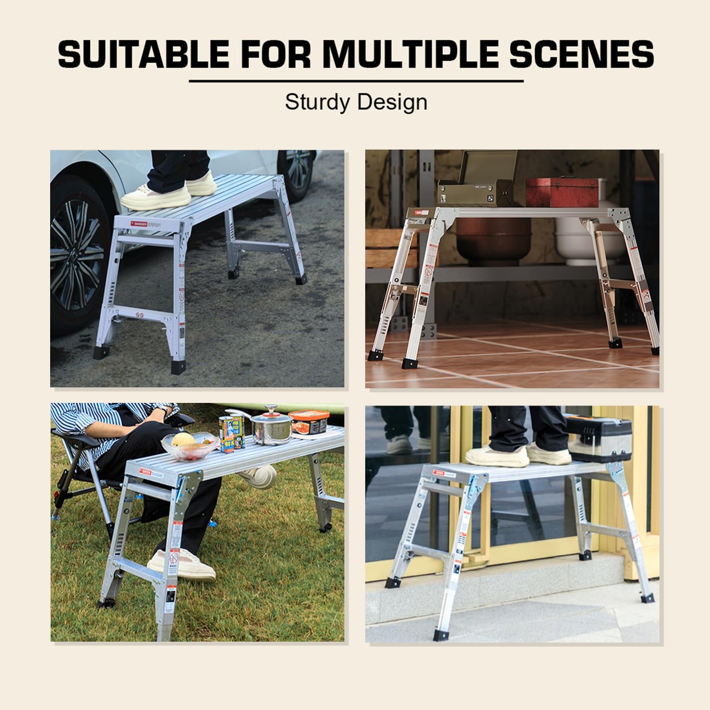 40" Aluminum Folding Work Platform/Step Stool with Telescoping Legs 22" - 27.5" Height Adjustable - 225 lbs, Non-Slip, Portable Ladder Bench for Washing, Painting