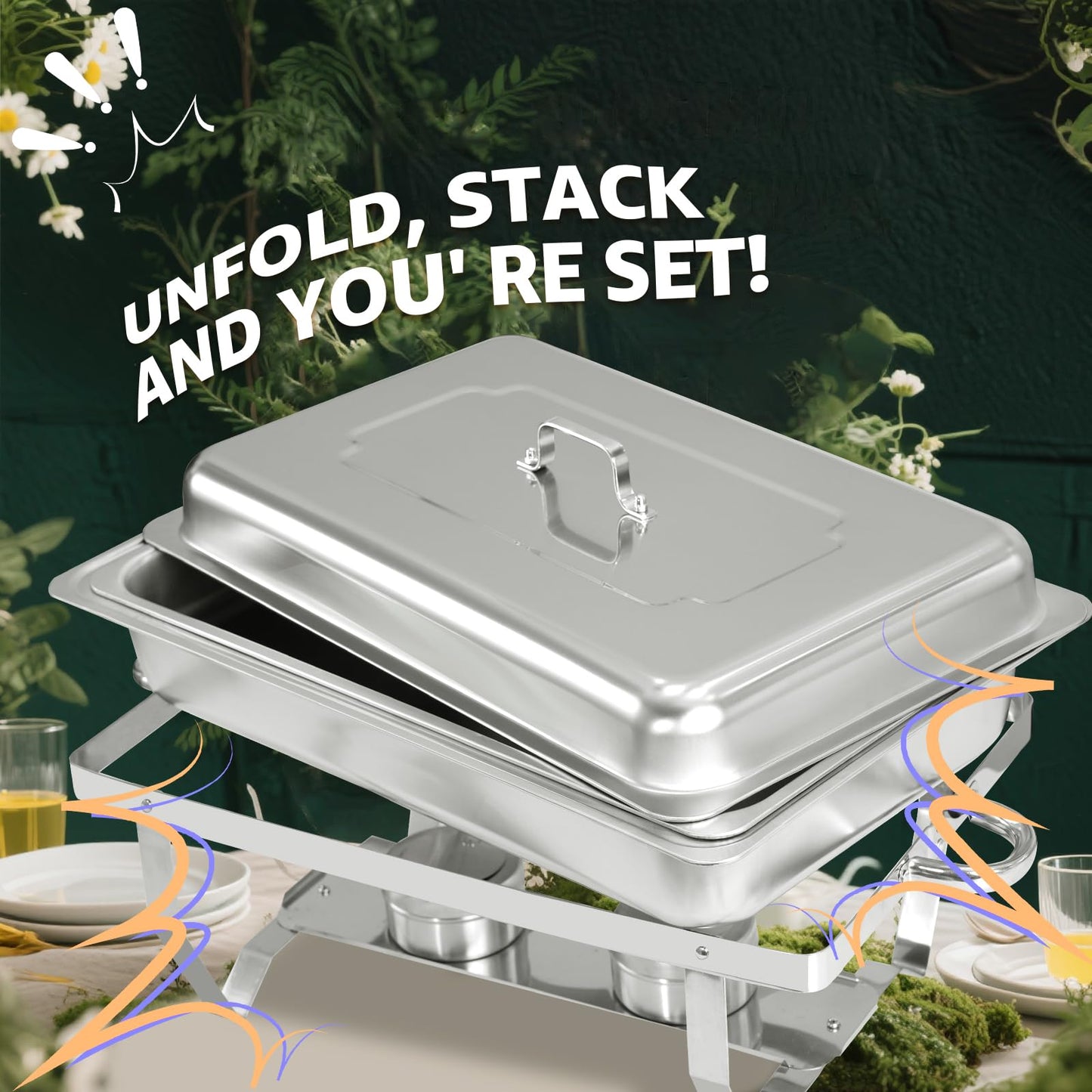 Jacgood 4 Pack 8QT Stainless Steel Chafing Dishes for Buffet, Foldable Frame Food Warmers with Full Size Pan Ideal for Catering, Weddings, Christmas Parties, Event Serving Supplies