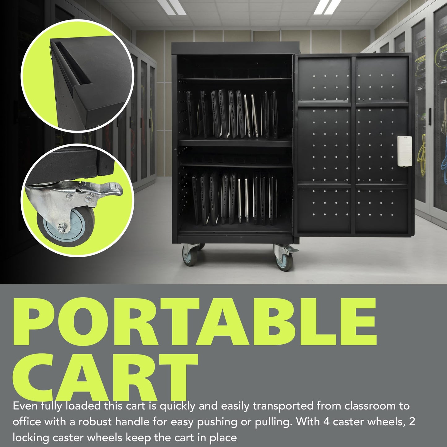 Pearington 20 Device Mobile Charging and Storage Cart for iPads, Chromebooks and Laptop Computers, Up To 17-Inch Screen Size, Surge Protection, Front & Back Access Locking Cabinet, Black