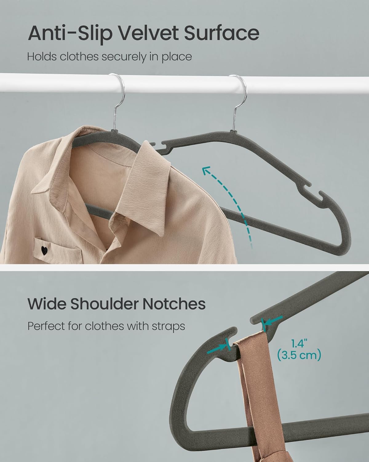 SONGMICS Velvet Hangers - 50 Pack Non-Slip Clothes Hangers with 360° Swivel Hook | Gray, 17 x 8.3 Inches