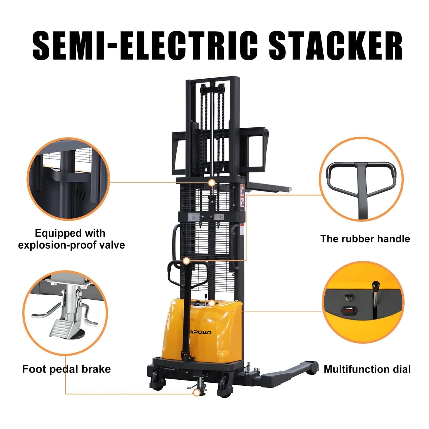 APOLLO Semi-Electric Stacker Pallet Jack Straddle Legs Forklift 3300lbs Capacity 98" Lifting Height with Adjustable Forks for Material Lift